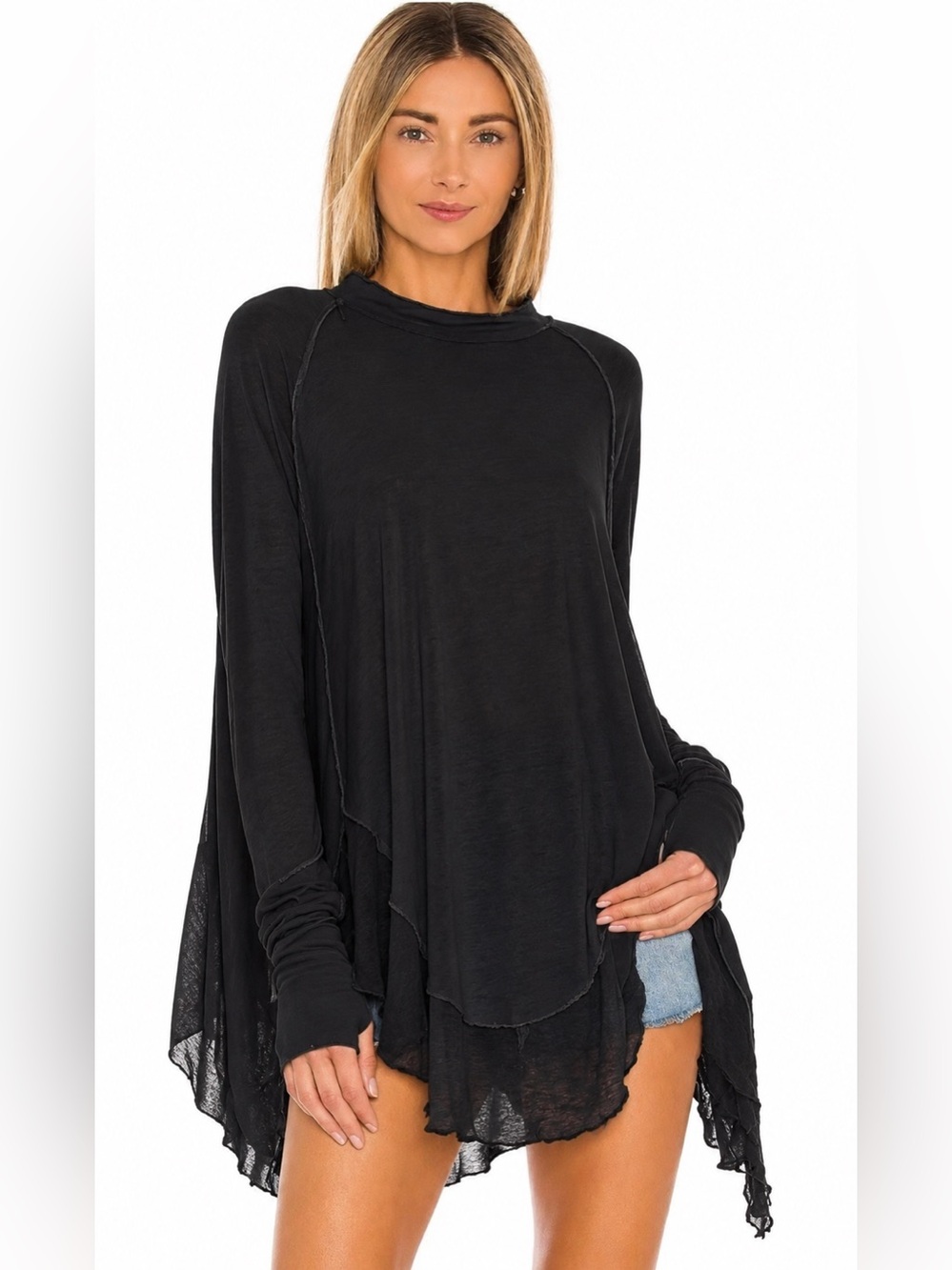 Free People Starlight Tee Long Sleeve Tunic Top in Black sz S Revolve Linen
